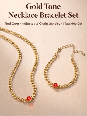 *Slide* Elegant 18K Gold Plated Chain Necklace and Bracelet Set with Red Accents